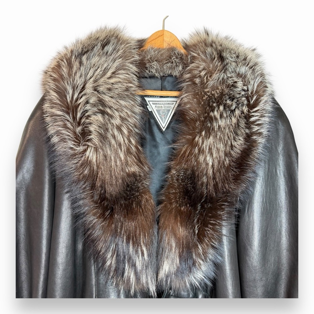 Vtg J Percy Marvin Richards Black Leather Silver Fox Fur Collar Coat ~ Women's L - Picture 4 of 16